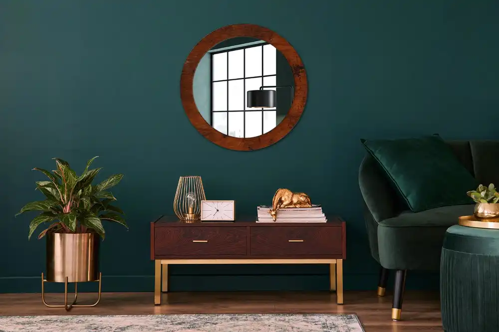 Miroir rond cadre imprimé bois naturel