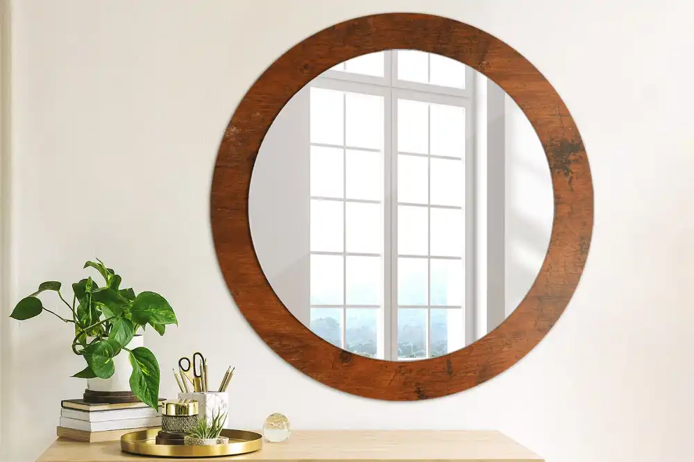 Miroir rond cadre imprimé bois naturel