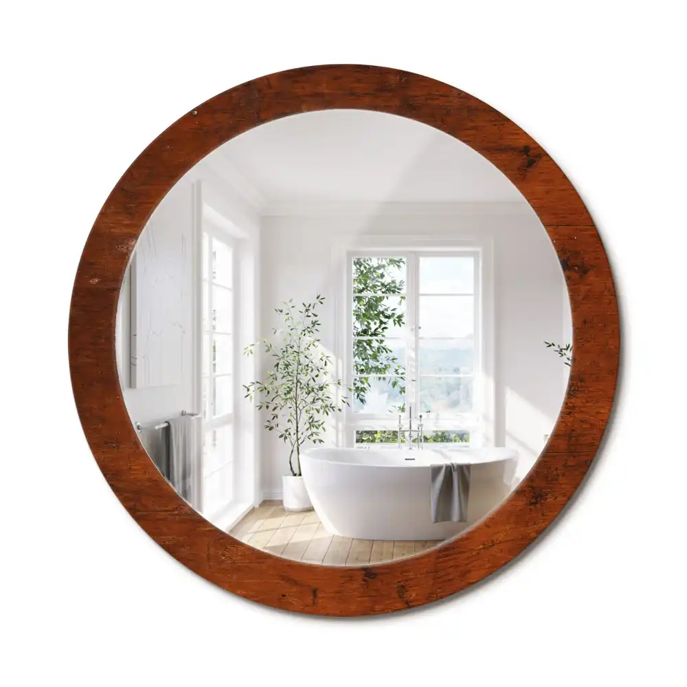 Miroir rond cadre imprimé bois naturel