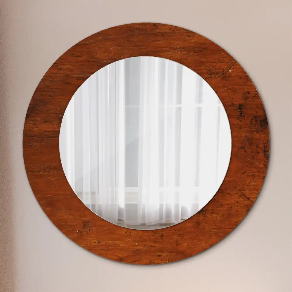 Miroir rond cadre imprimé bois naturel