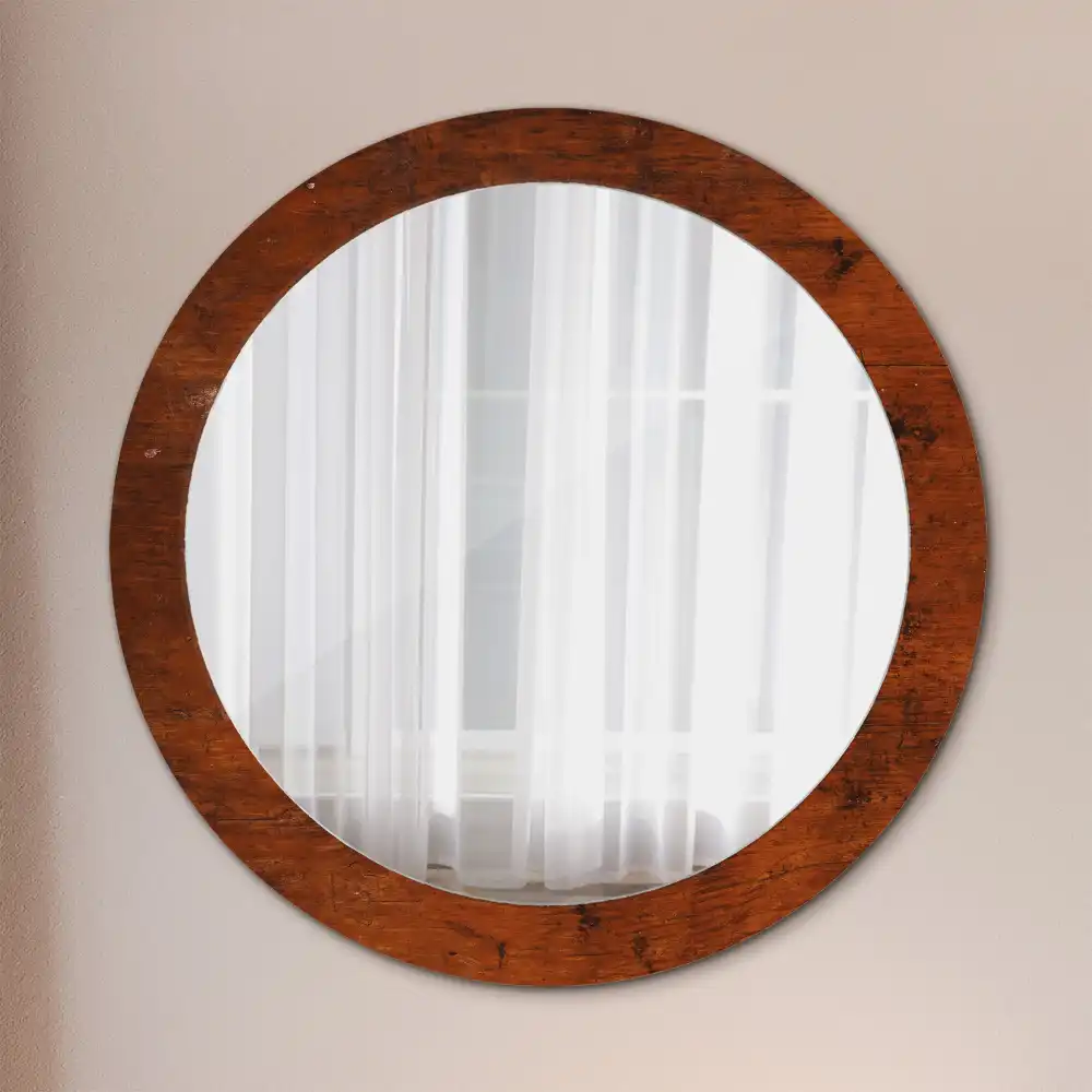 Miroir rond cadre imprimé bois naturel