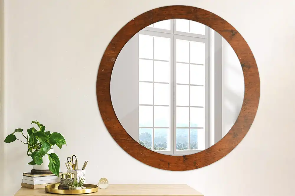 Miroir rond cadre imprimé bois naturel