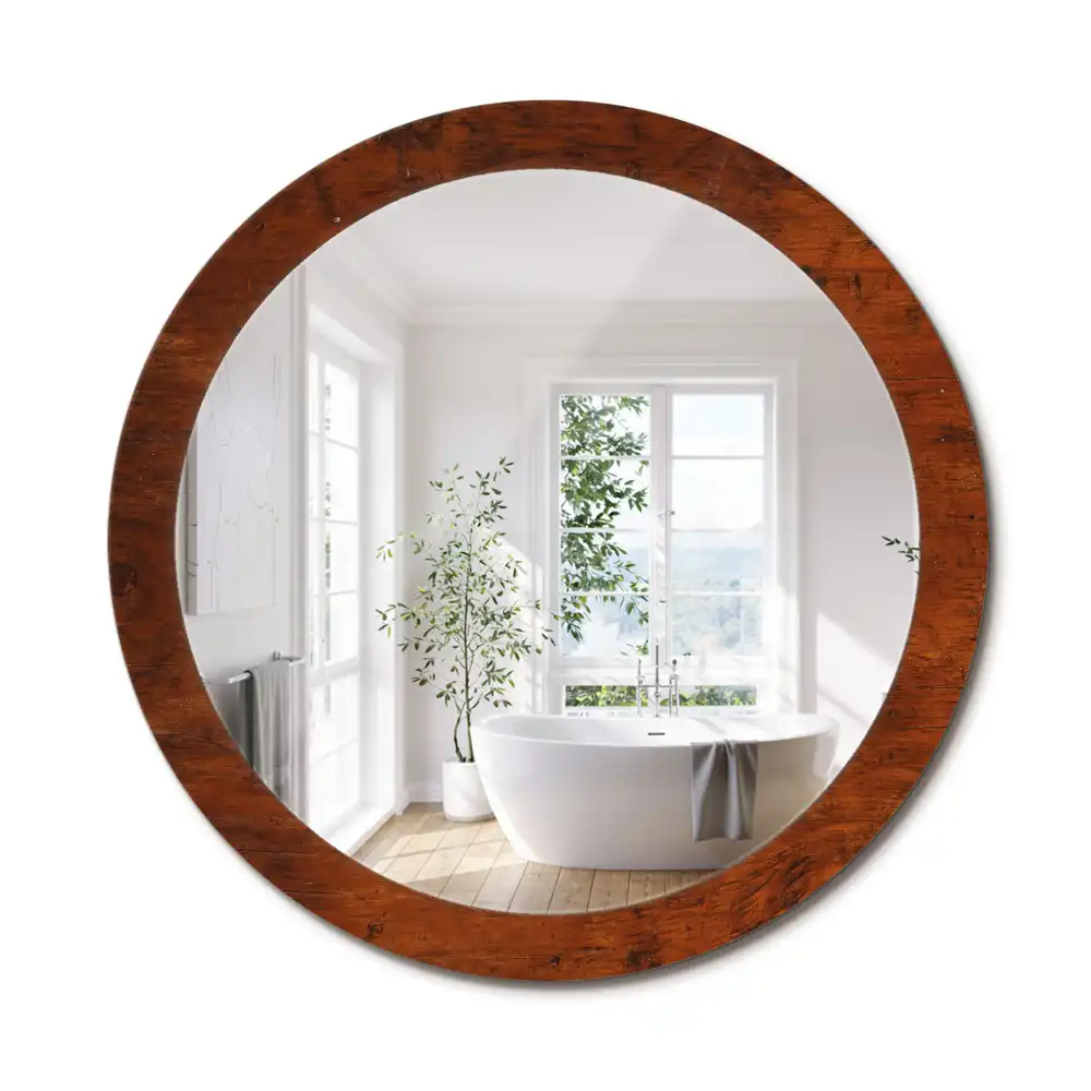 Miroir rond cadre imprimé bois naturel
