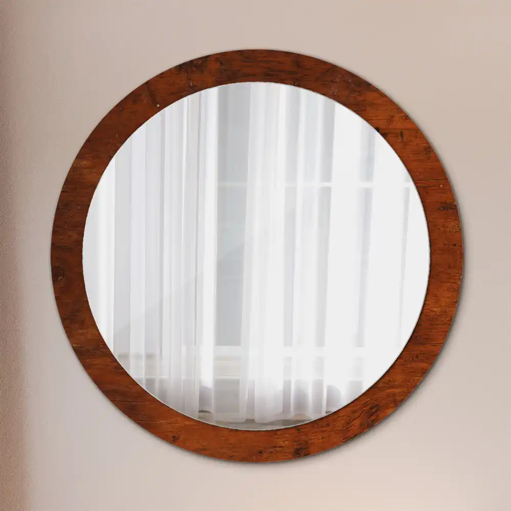 Miroir rond cadre imprimé bois naturel