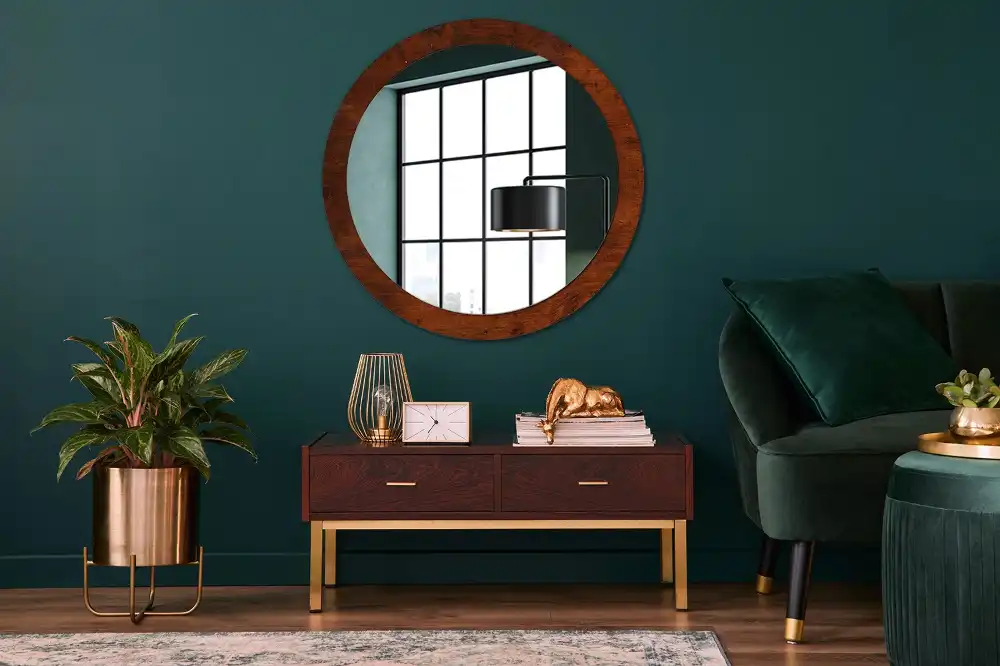 Miroir rond cadre imprimé bois naturel