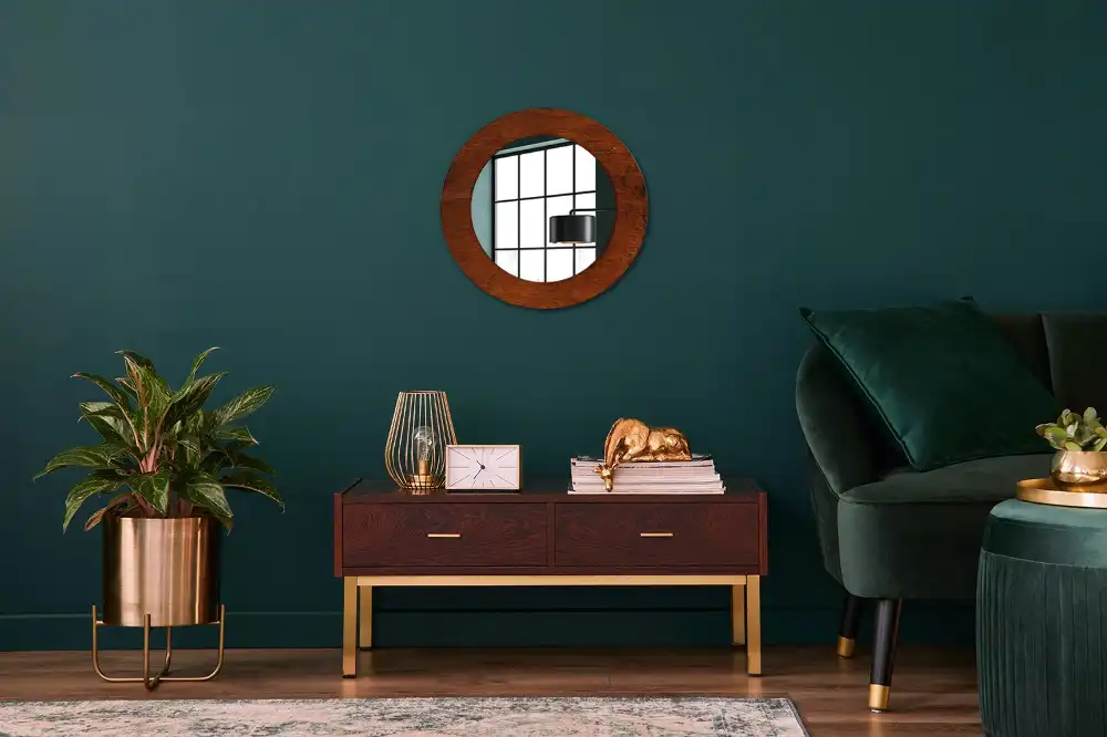 Miroir rond cadre imprimé bois naturel