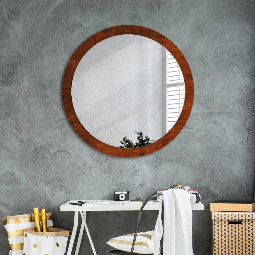 Miroir rond cadre imprimé bois naturel