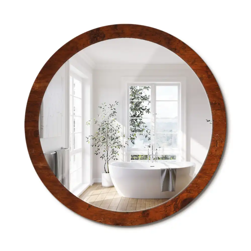 Miroir rond cadre imprimé bois naturel
