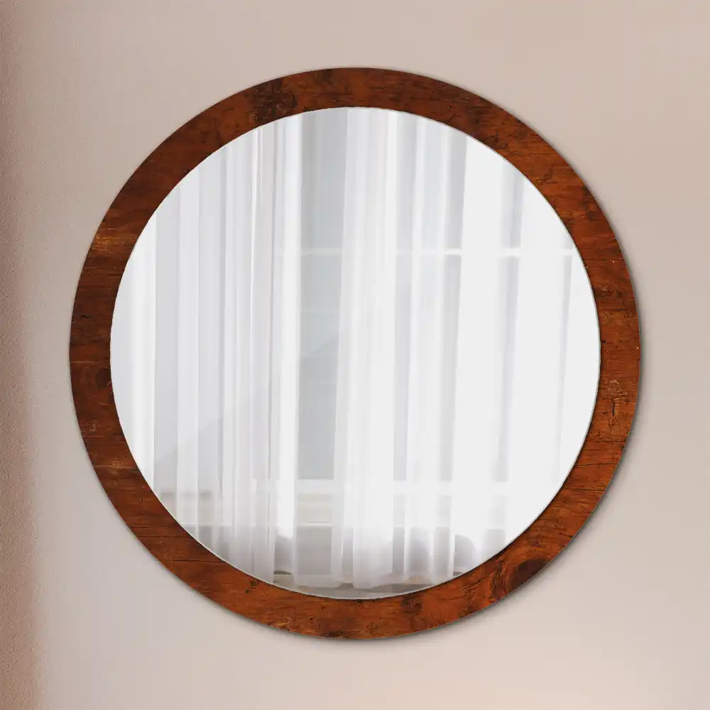 Miroir rond cadre imprimé bois naturel