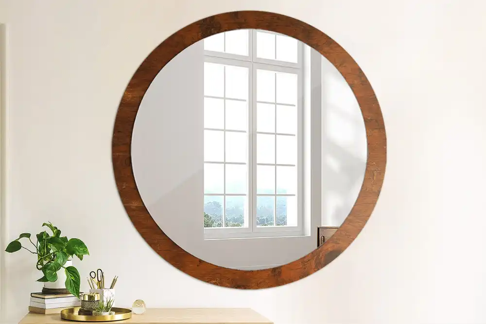 Miroir rond cadre imprimé bois naturel