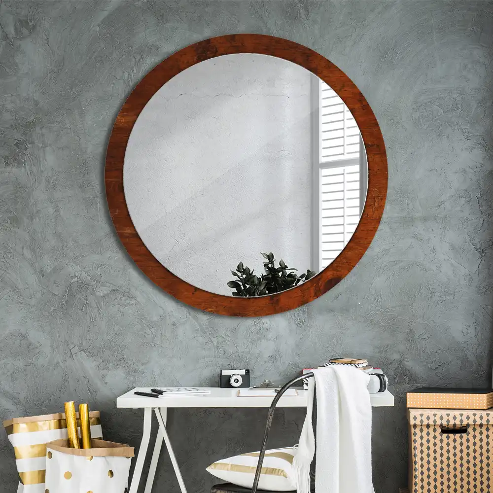 Miroir rond cadre imprimé bois naturel