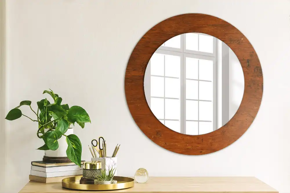 Miroir rond cadre imprimé bois naturel