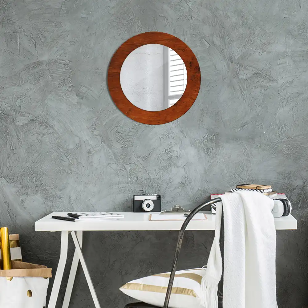Miroir rond cadre imprimé bois naturel
