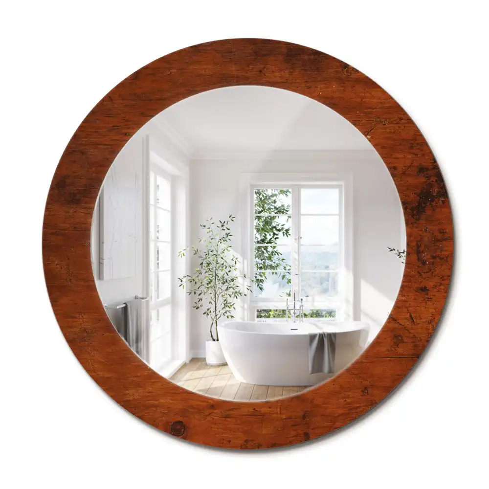 Miroir rond cadre imprimé bois naturel