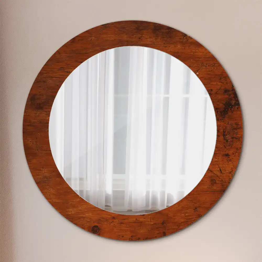 Miroir rond cadre imprimé bois naturel