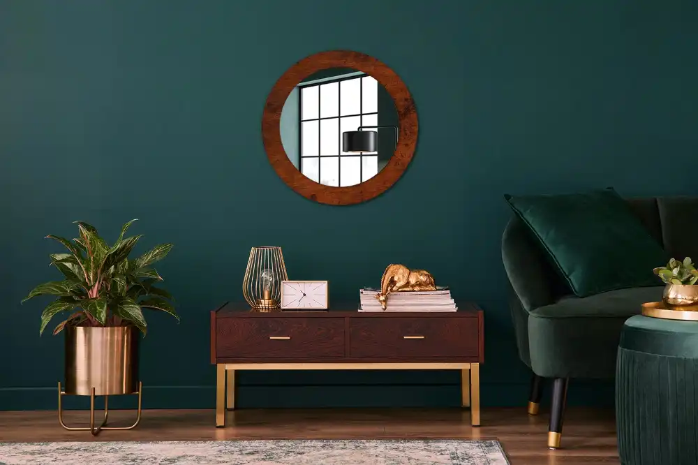 Miroir rond cadre imprimé bois naturel