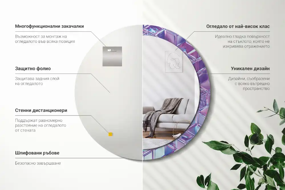 Miroir rond cadre avec impression motif cristal