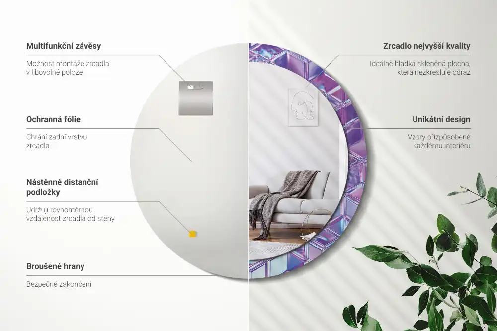 Miroir rond cadre avec impression motif cristal