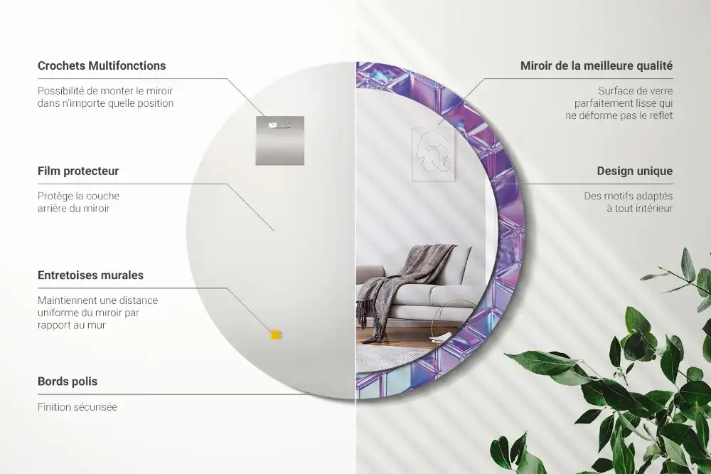 Miroir rond cadre avec impression motif cristal