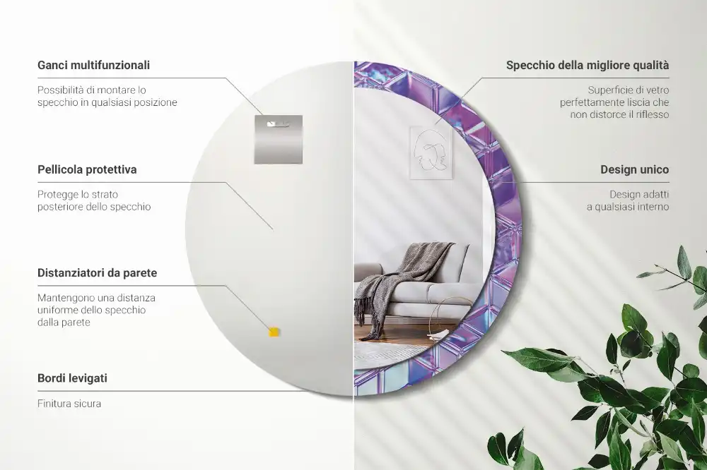 Miroir rond cadre avec impression motif cristal
