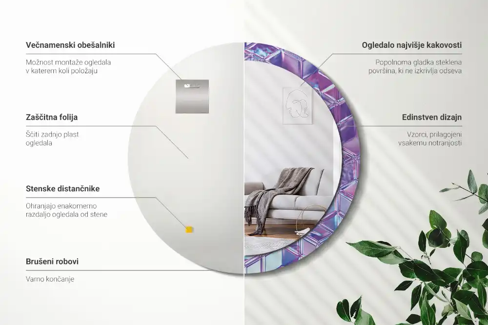 Miroir rond cadre avec impression motif cristal