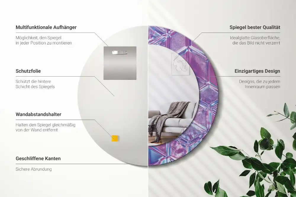 Miroir rond cadre avec impression motif cristal