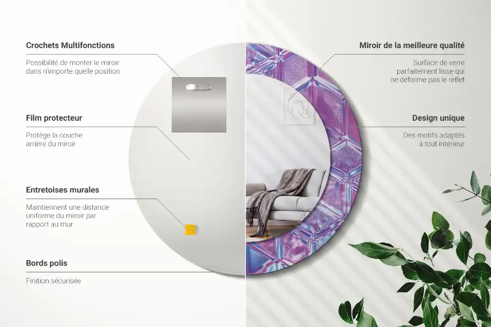 Miroir rond cadre avec impression motif cristal