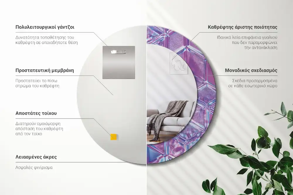 Miroir rond cadre avec impression motif cristal