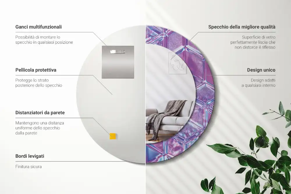 Miroir rond cadre avec impression motif cristal