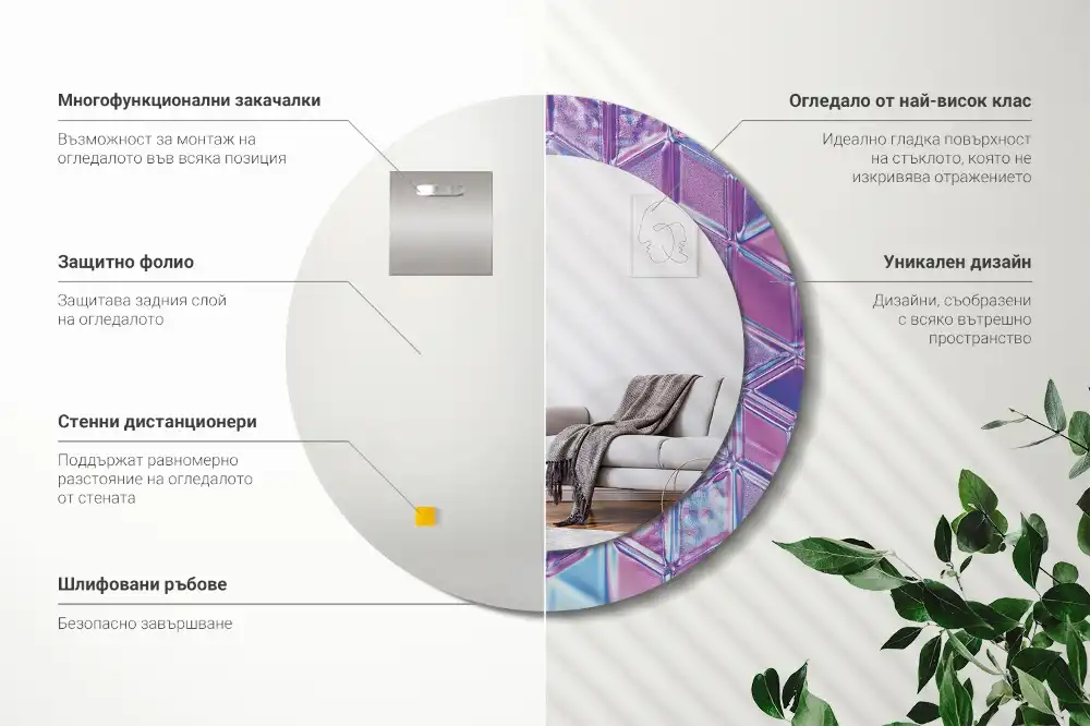 Miroir rond cadre avec impression motif cristal