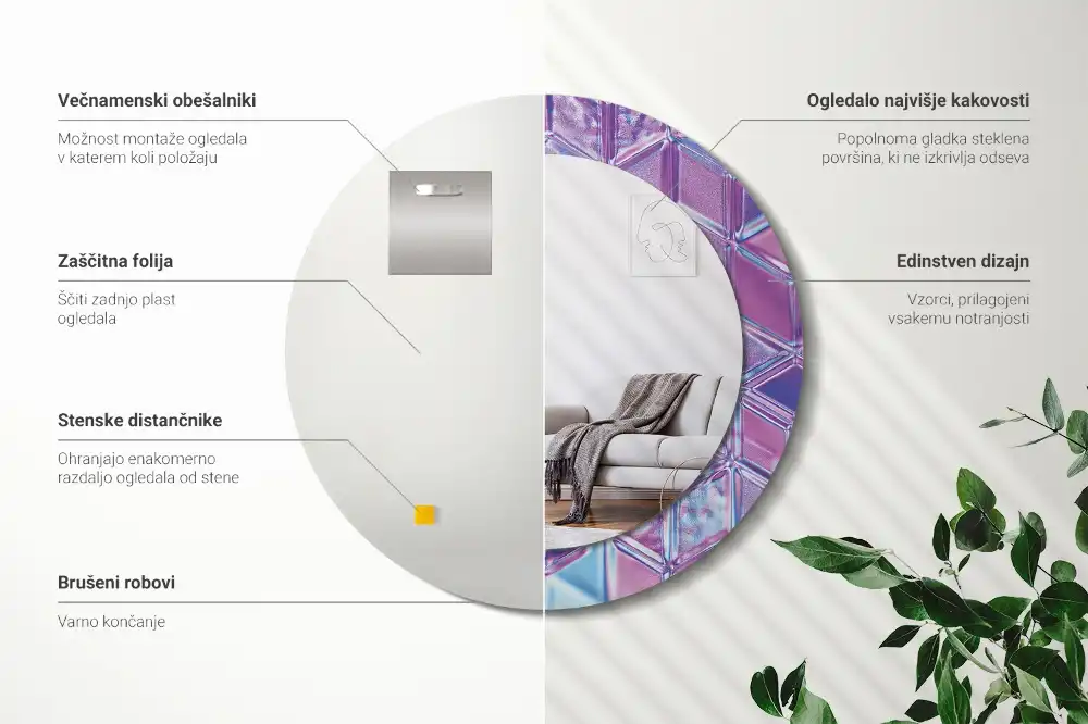 Miroir rond cadre avec impression motif cristal