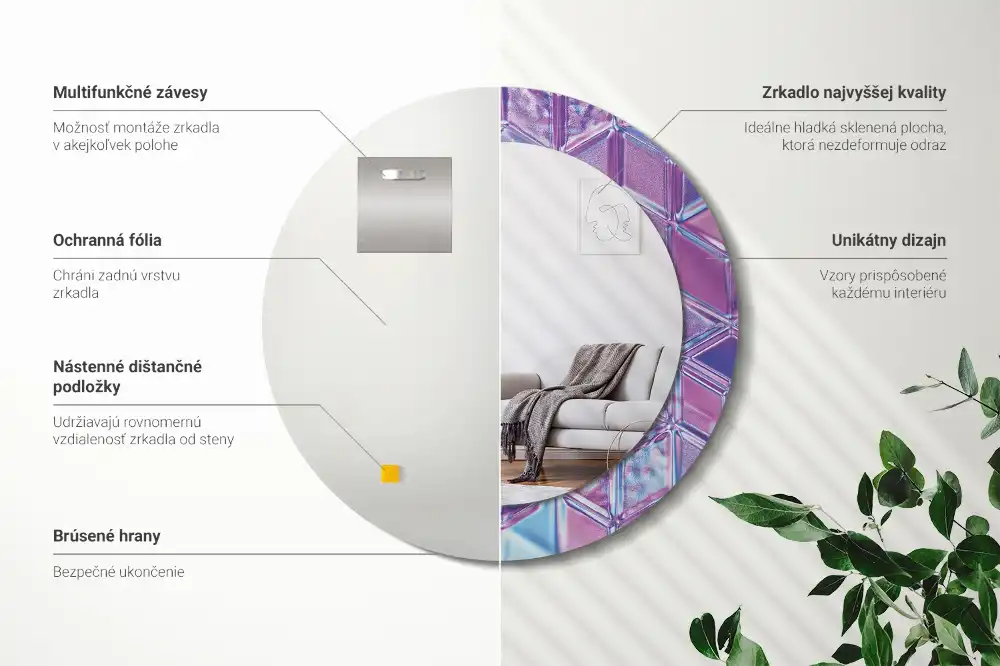Miroir rond cadre avec impression motif cristal