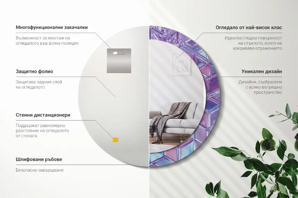 Miroir rond cadre avec impression motif cristal