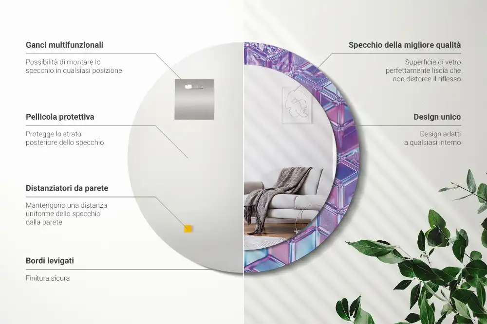 Miroir rond cadre avec impression motif cristal