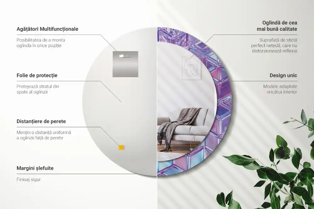 Miroir rond cadre avec impression motif cristal