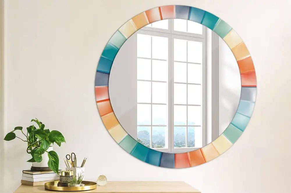 Miroir rond avec décoration carreaux à rayons colorés