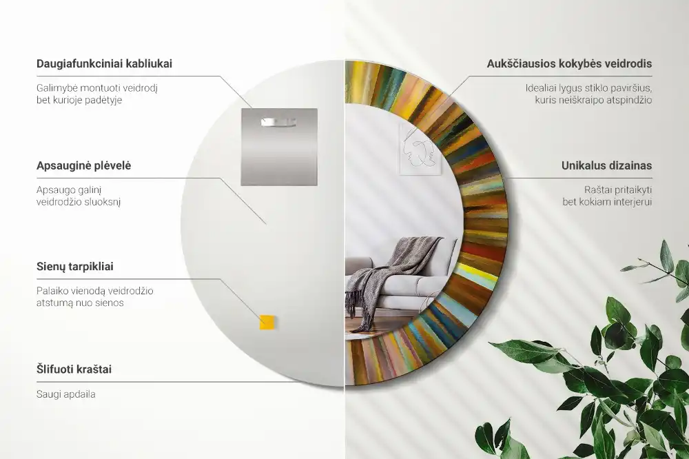 Miroir rond cadre imprimé rayons colorés
