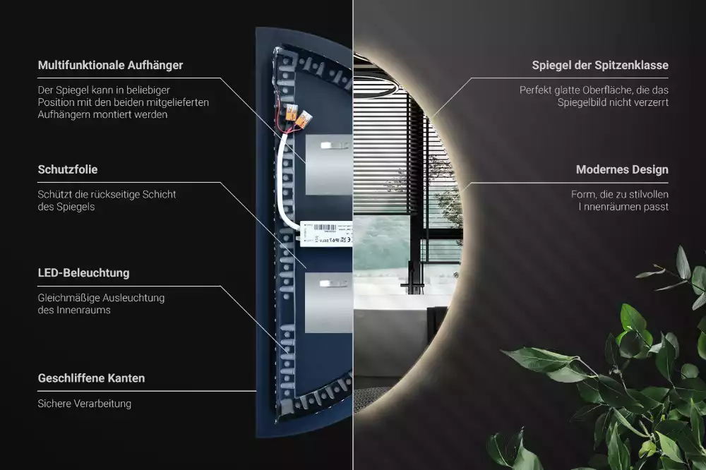 Miroir demi-cercle lumineux LED décoratif moderne