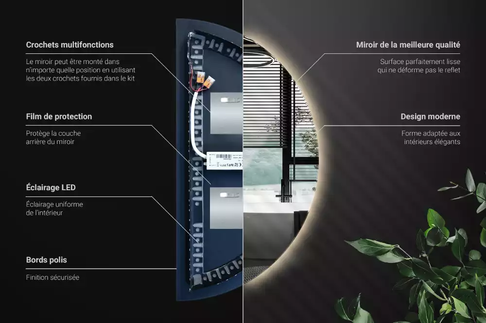 Miroir demi-cercle lumineux LED décoratif moderne
