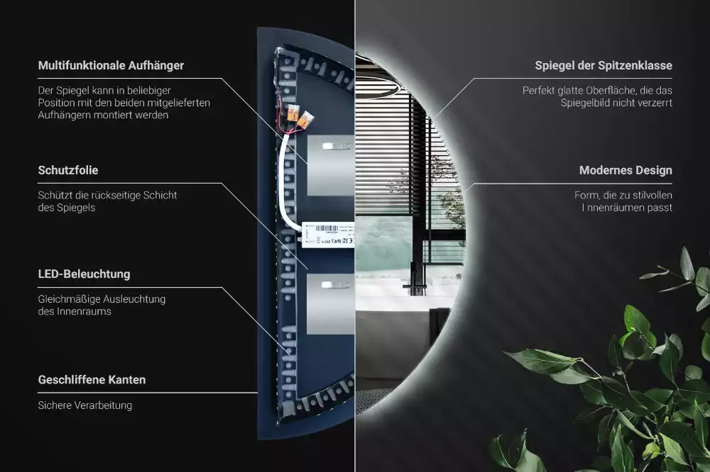Miroir demi-cercle lumineux LED décoratif moderne