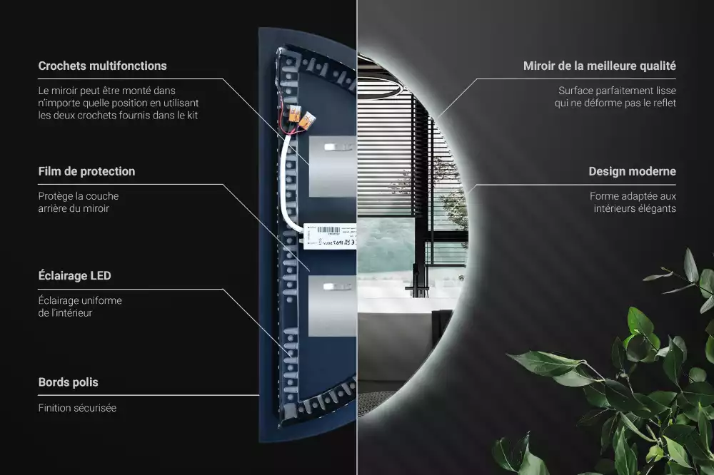 Miroir demi-cercle lumineux LED décoratif moderne