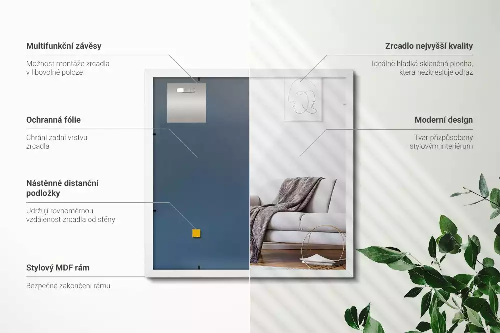 Miroir rectangulaire avec cadre blanc suspendu