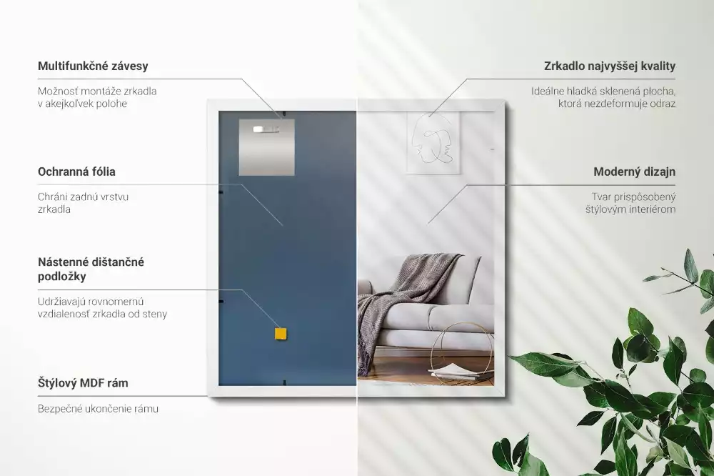 Miroir rectangulaire avec cadre blanc suspendu