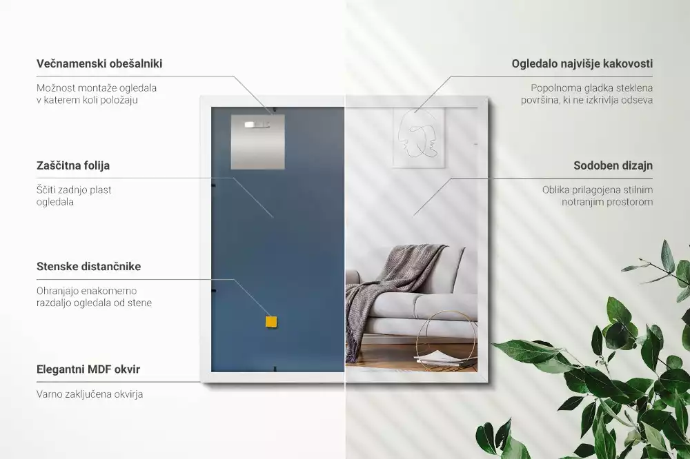 Miroir rectangulaire avec cadre blanc suspendu
