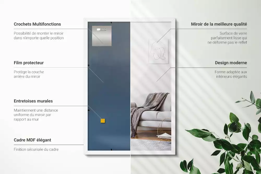 Miroir rectangulaire avec cadre blanc suspendu