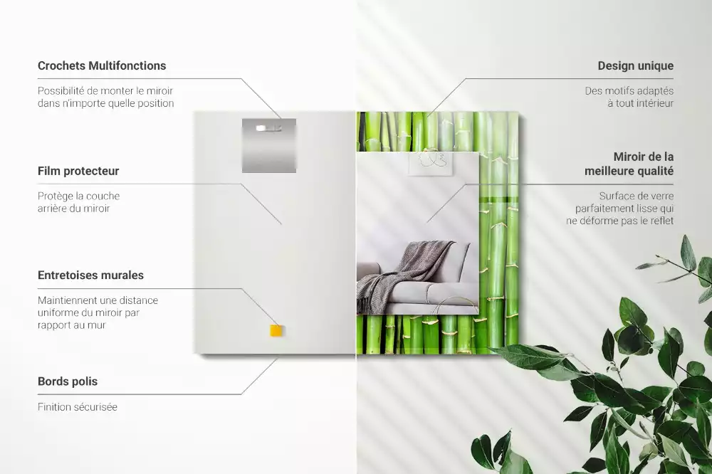 Miroir rectangulaire décoratif imprimé tiges de bambou vertes