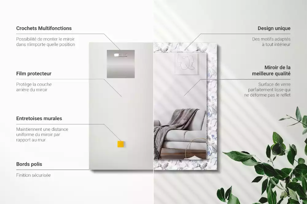Miroir rectangulaire à cadre imprimé fleurs et feuilles