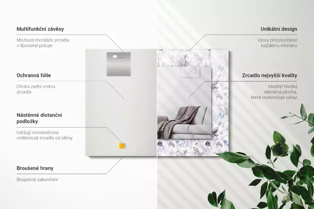 Miroir rectangulaire à cadre imprimé fleurs et feuilles