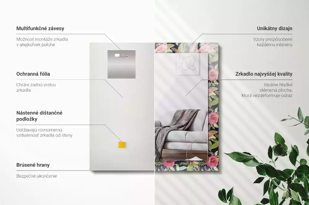 Miroir rectangulaire décoratif fleurs et oiseaux