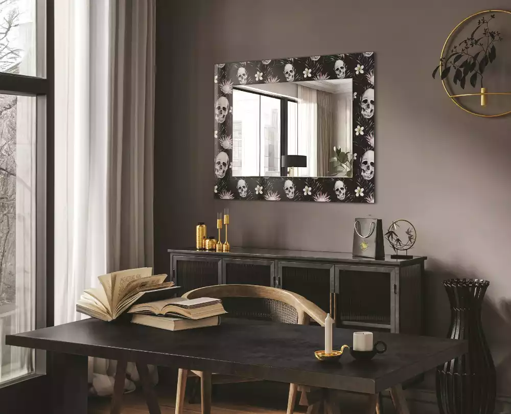 Miroir rectangulaire imprimé crânes et fleurs